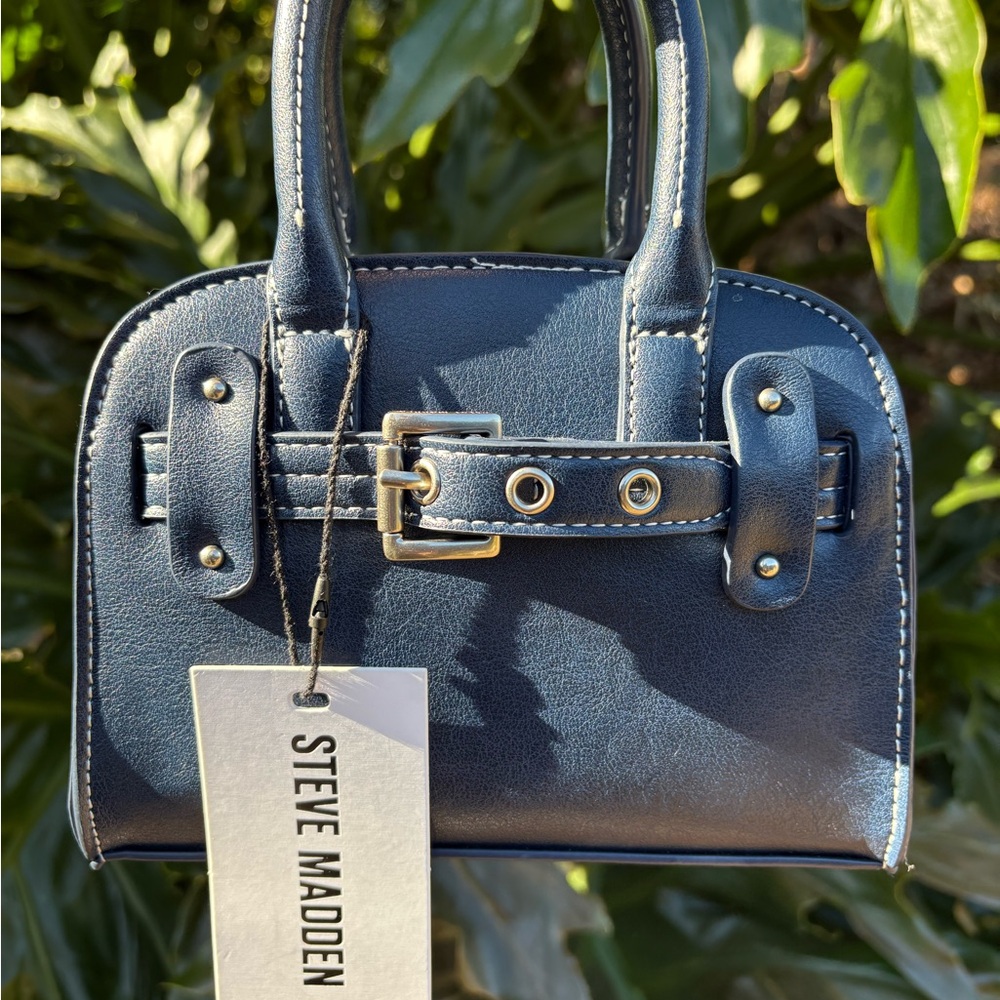 Steve Madden Mini Navy Satchel Handbag Purse Buckle NWT Structured Chic Y2K Zip